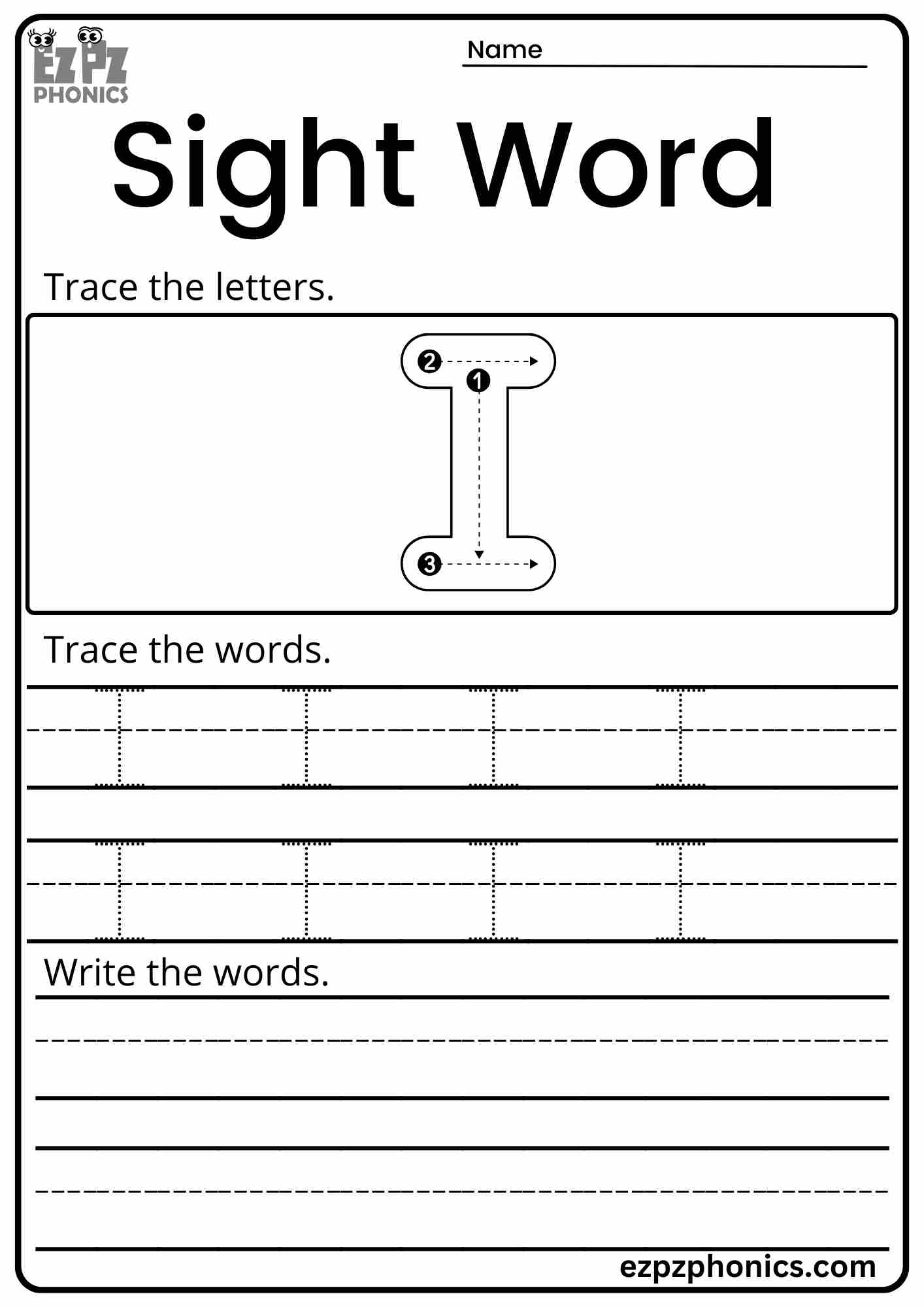 Dolch Sight Word "I" Activity for Early Learners PDF Download Set 2